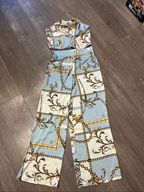 Rachel Zoe Light Blue White & Gold Chain-Print Halter 2 piece